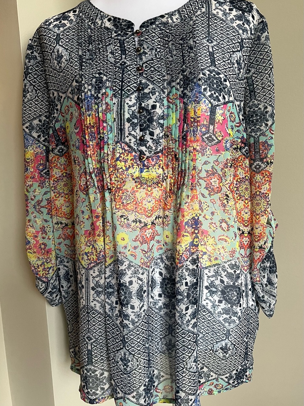 Daniel Rainn Multicolor Floral Patchwork Pintuck Tunic